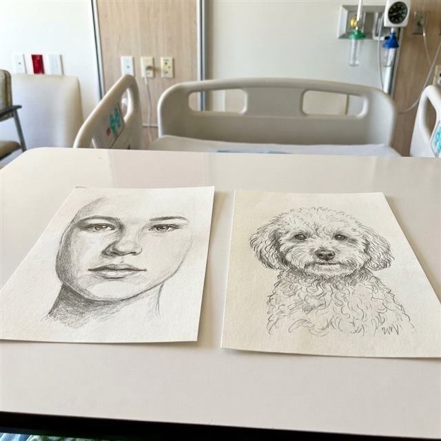 Desenho a grafite - Rosto feminino e cachorrinho