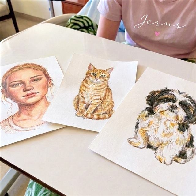 Desenho colorido - Retrato, gato e cachorro