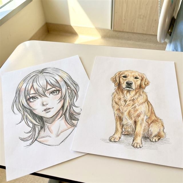 Desenho estilo anime e golden retriever